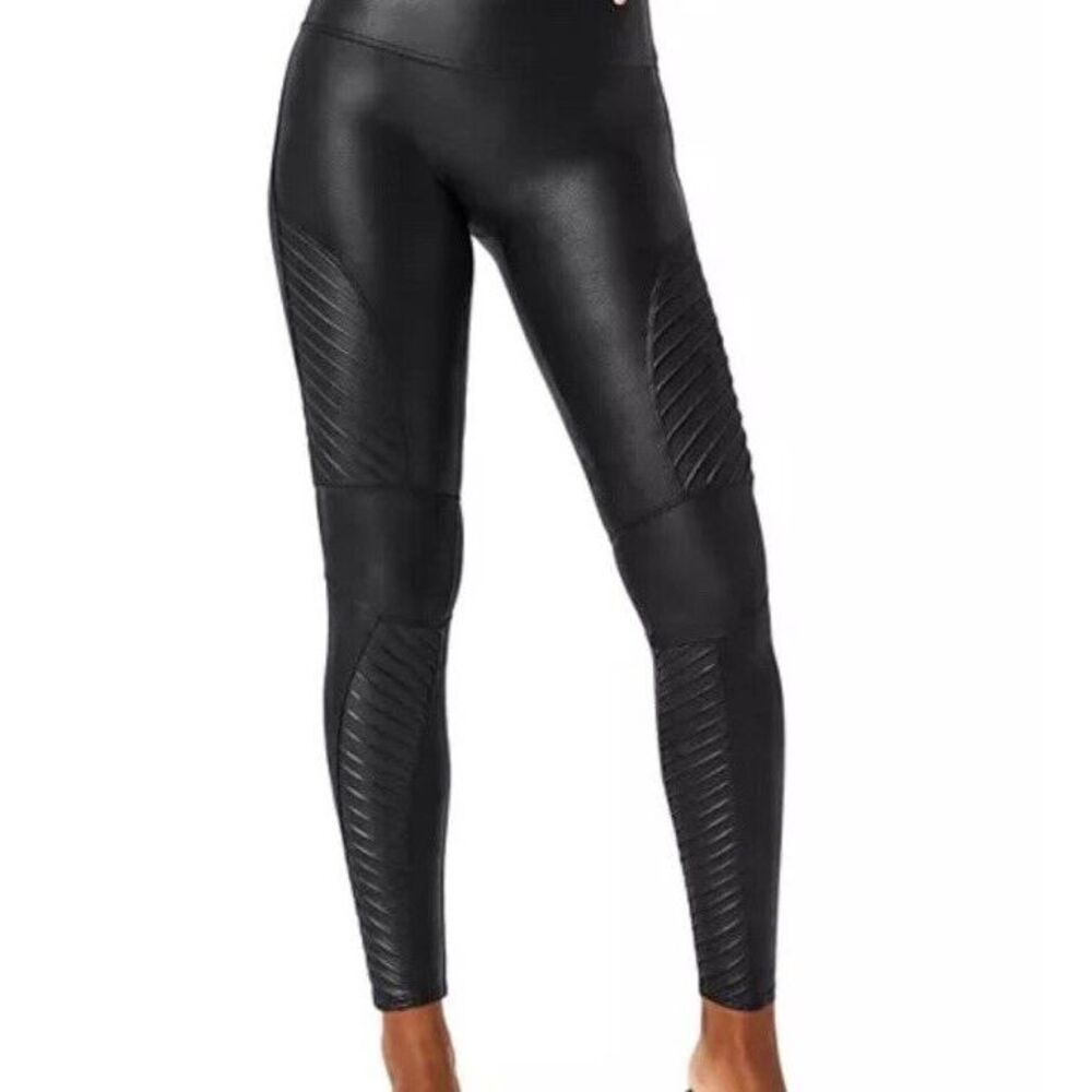 SPANX Faux Leather Moto Legging Women Large‎ Black Pull On Stretch Whimsigoth